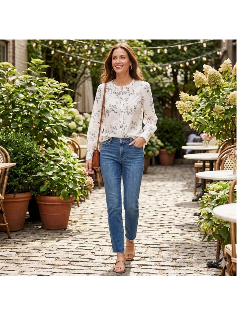 Talbots Top Womens Medium White Floral Print Long Sleeve Blouse Ruffle Button Up